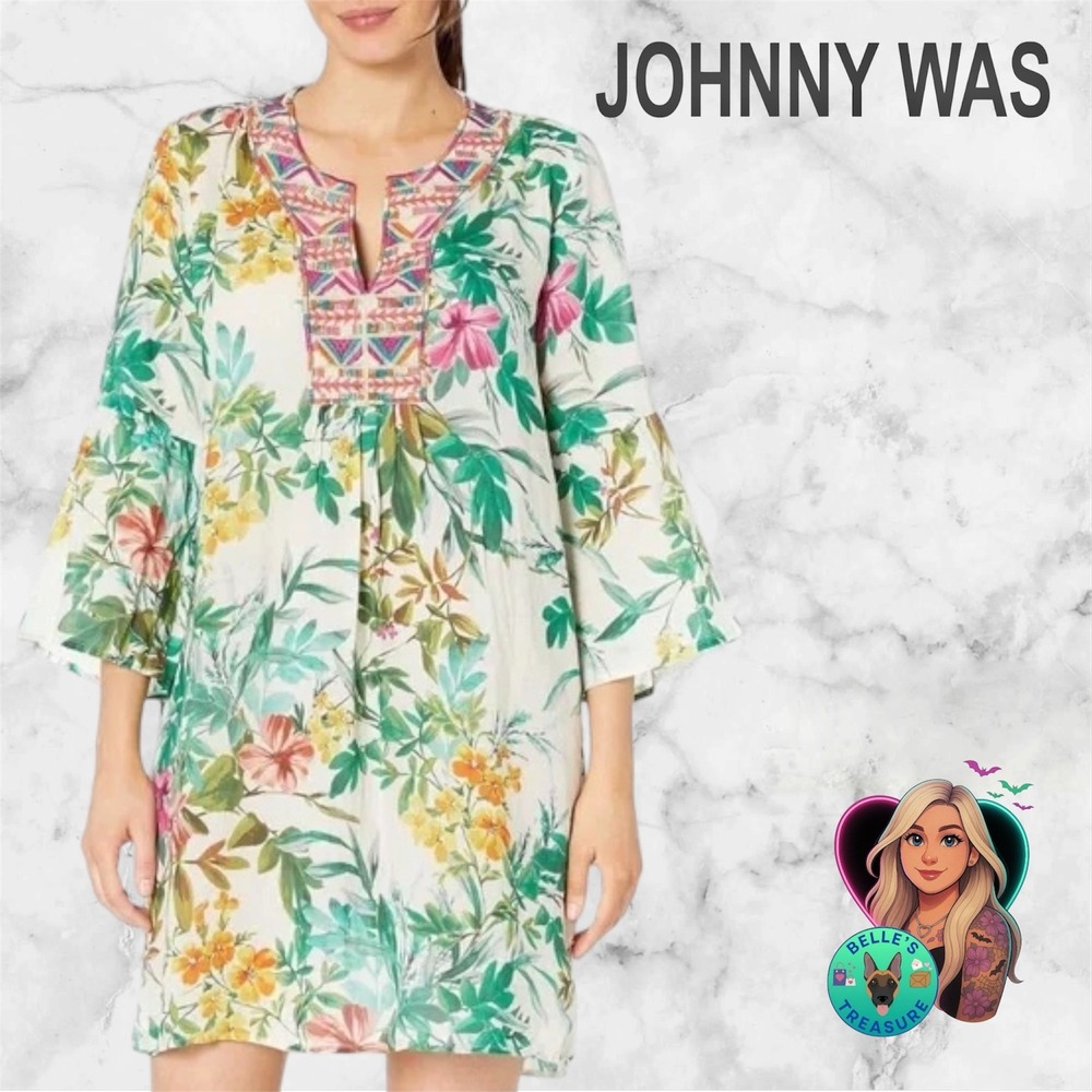 Johnny Was Womens Medium Floral Embroidered‎ Bell Sleeve Tunic Dress Boho Beach
